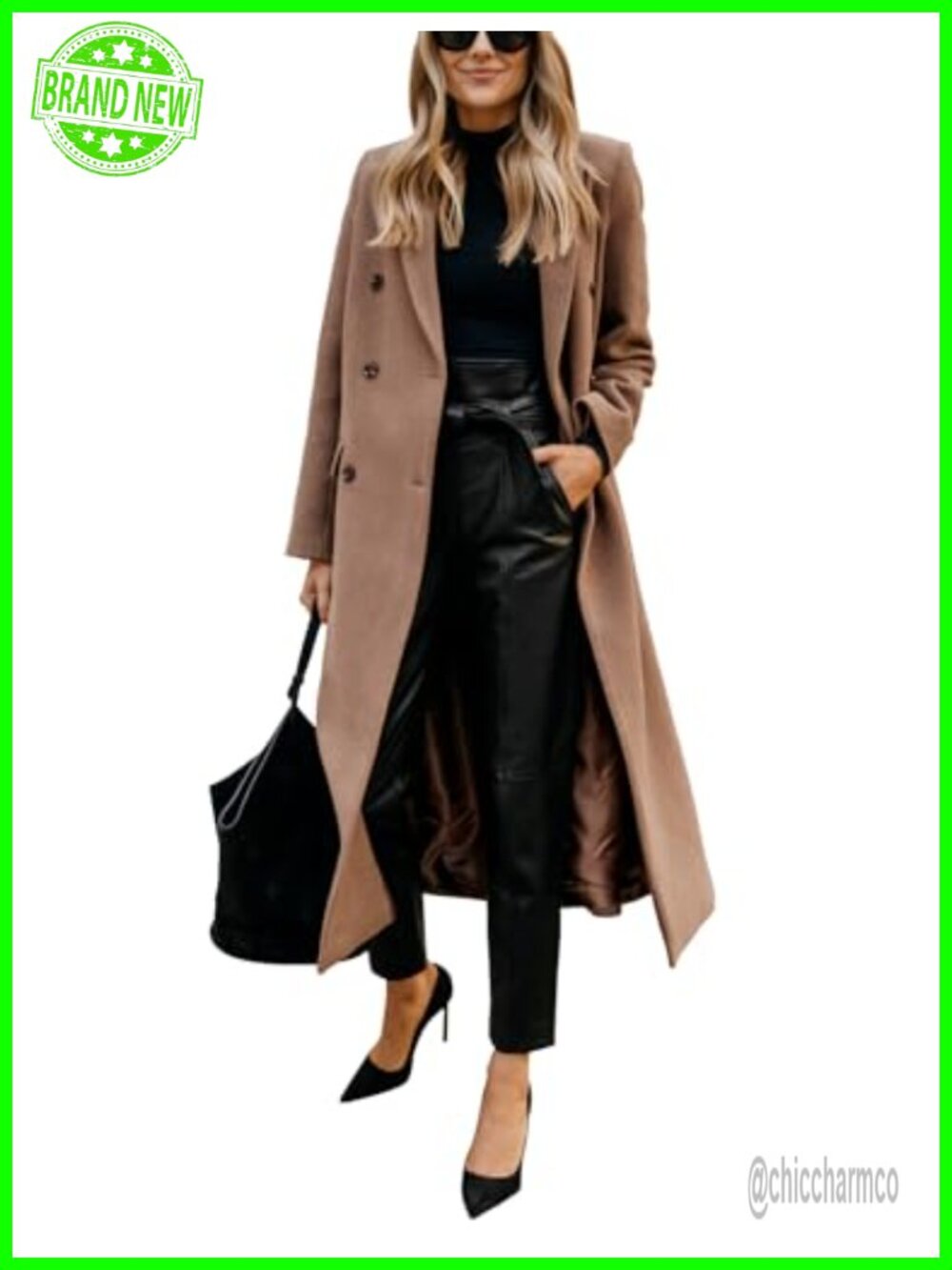 Womens Long Wool Blend Peacoat Notch Lapel Double Breasted Winter Coat